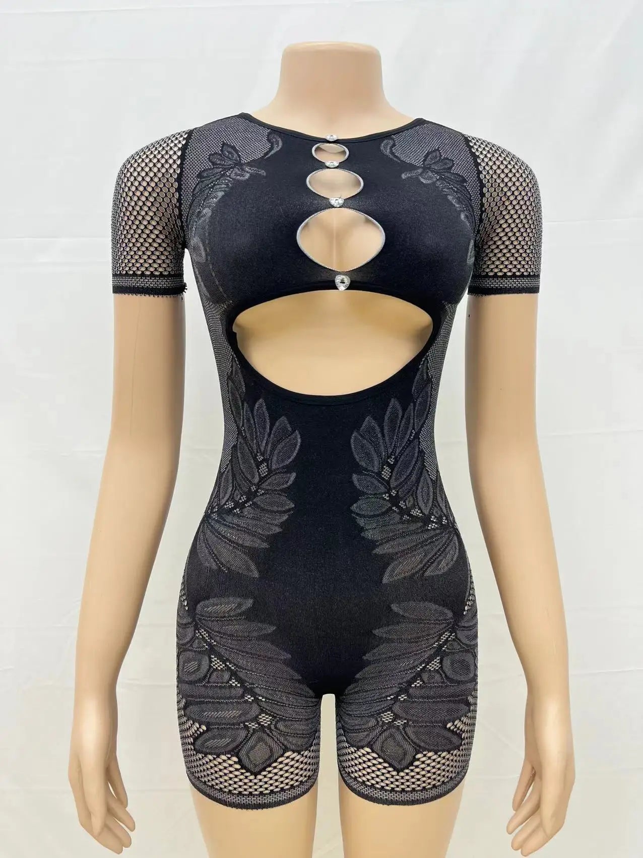 Weird Puss Hollow Diamond Playsuits Woman Summer Sexy Short Sleeve O-Neck Sport Knit Casual Comfortable Streetwear Skinny Romper