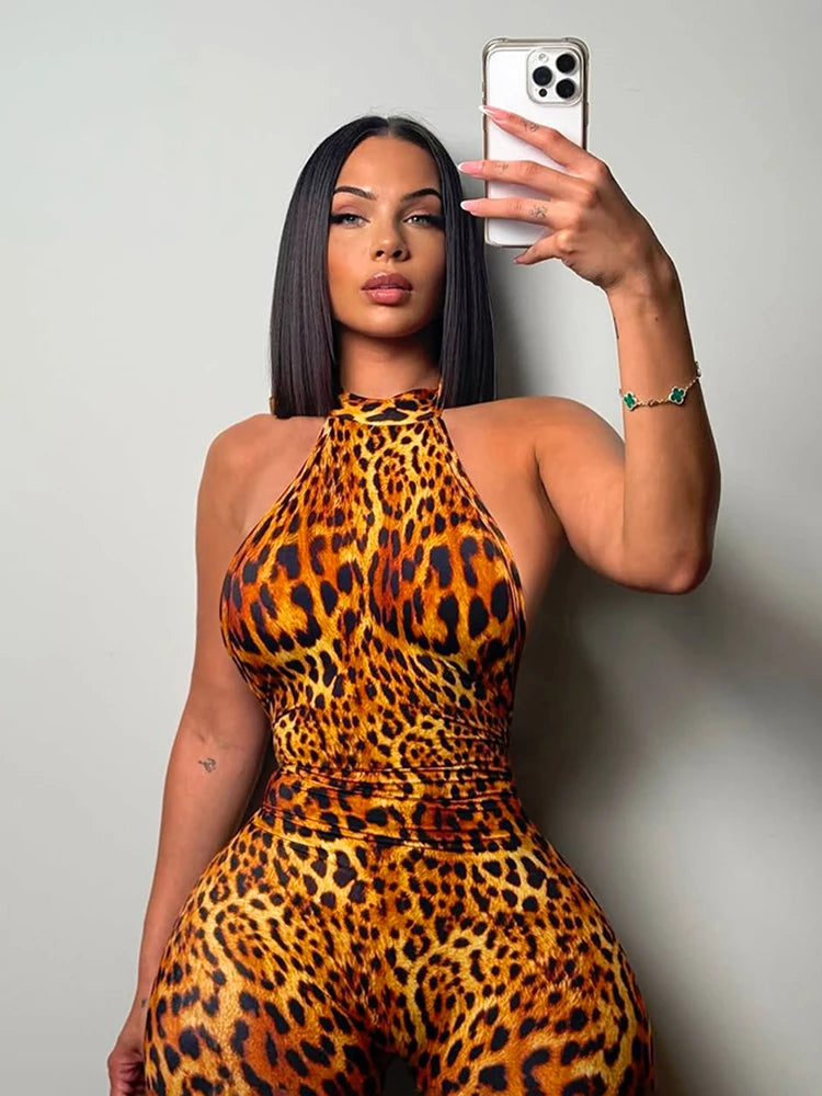 Weird Puss Backless Romper Women Halter Bandage Leopard Print Fit Tight Stretch Summer Sexy Hipster Activity Workout Playsuits