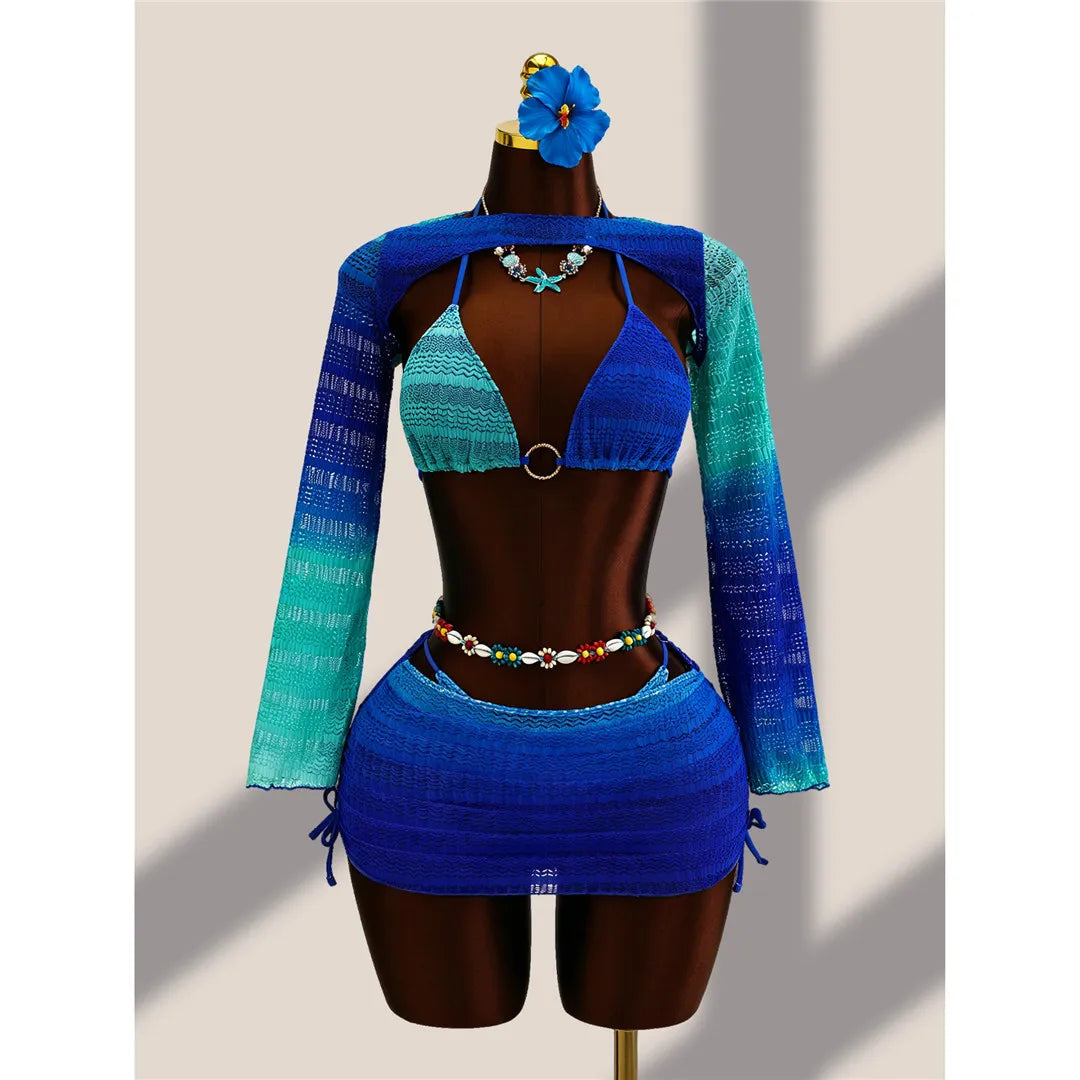 4PCS With Cover Up Skirt Gradient Bikini Women Swimwear Female Swimsuit Four-Pieces Bikini Set Bather Bathing Suit Swim V8303