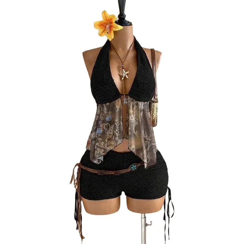 Retro Ethnic Style Knitted Floral Chiffon Top Drawstring Shorts Set Deep Brown off Shoulder Two Piece Set Streetwear Trend