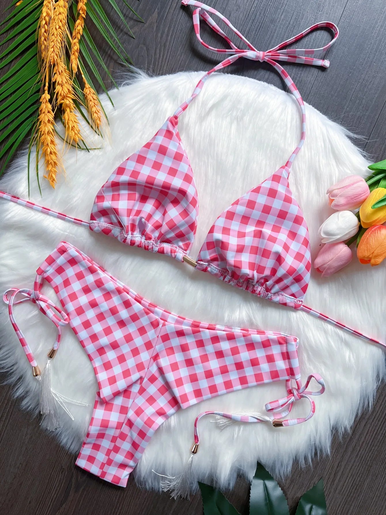 RUOTONSEPT Sexy Lattice Print Bandage Bikini Set Women's Swimsuit Two-piece Triangle Swimwear Bathing Suit Brazilian Biquini New
