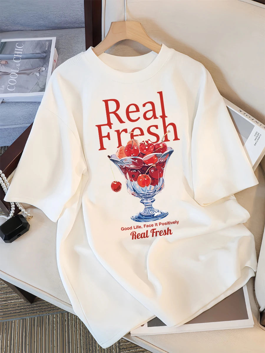 Real Fresh Cherry Fruit Cup Design Tee Shirts Female Comfortable Cotton T Shirt Fashion Casual Clothes Soft Street Short Sleeve
