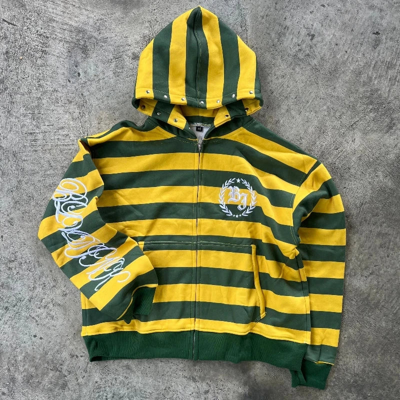 Y2K Retro Kid Zipper Hoodie Stripe Rivet Letter Embroidery Pattern Sweatshirt Men HipHop Fashion Streetwear Unisex Women Clothes