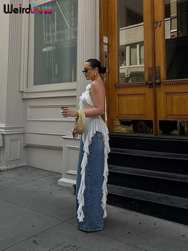 Weird Puss Blossoms Tank Tops Women Ruffles Y2K Summer Trend Sexy V-Neck Irregular Tassel Halter Backless Wild Street Camisole