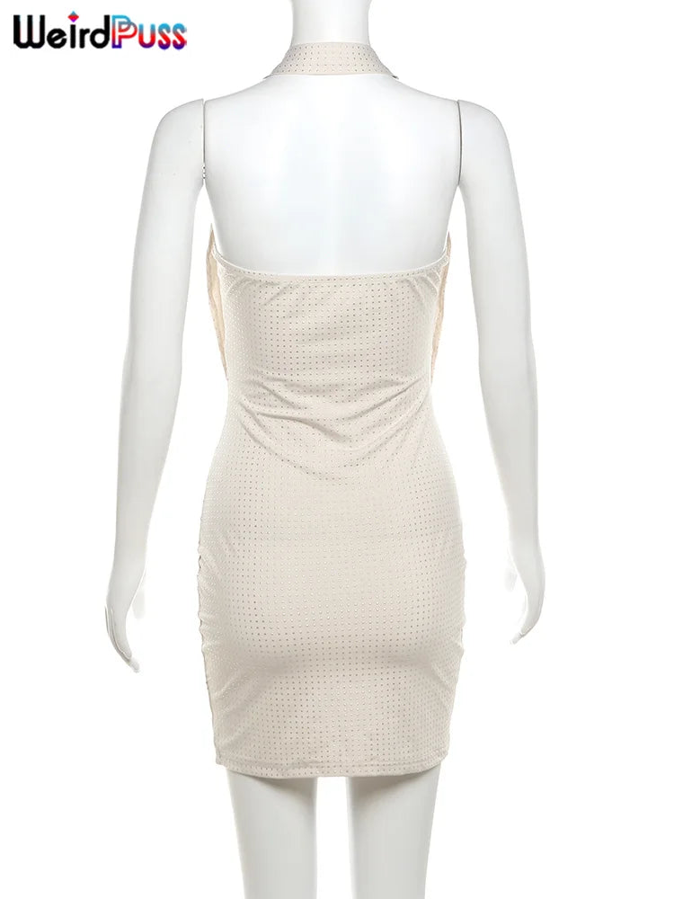 Weird Puss Sequins Shiny Dress Women Backless Halter Low Neck Ruched Skinny Short Bodycon Sexy Slim Midnight Evening Party Robe