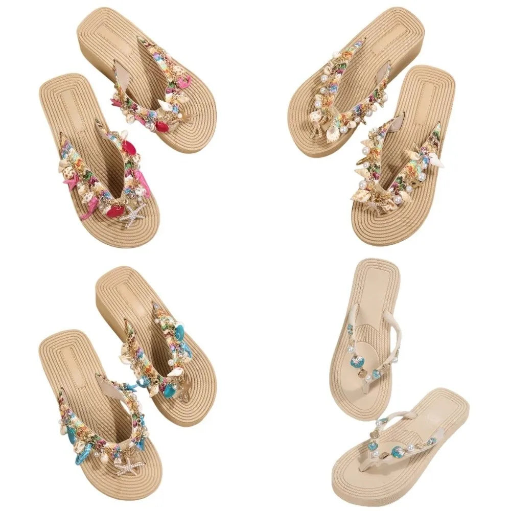 Creative Seahorse Bohemian Starfish Flip Flops Starfish Conch Women Shell Slippers Ocean Beach Pearl Girl Summer Sandal Lady