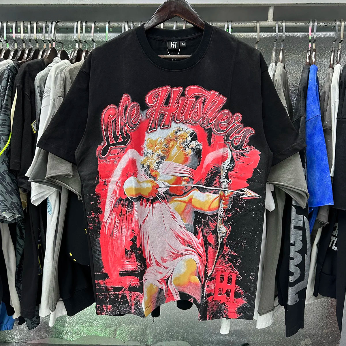Praying Angel Shinning Diamond Cotton Short Sleeve Tshirts for Men and Women Crew Neck Loose Summer T-shirt Oversized Tees