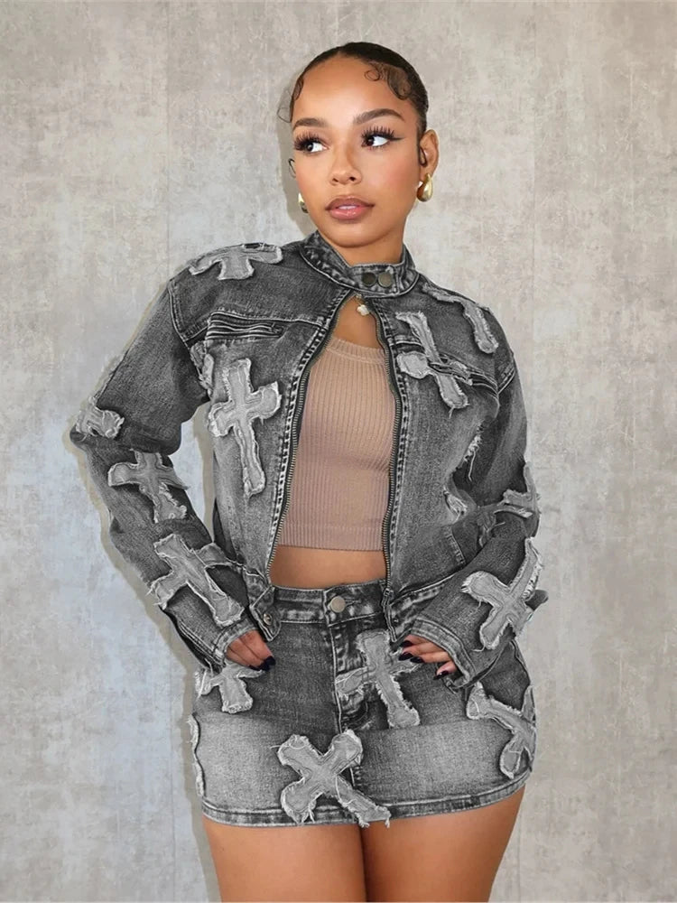 Weird Puss Vintage Women 2piece Set Half High Collar Zip Jacket+High Waist Mini Skirt Hipster Streetwear jeans Embroidery Suits