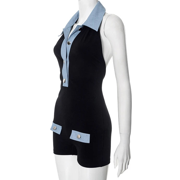 STYLISH LADY Contrast Color Playsuits 2025 Summer Women Turn Down Collar Backless Bodycon Sexy Club Party Street Rompers