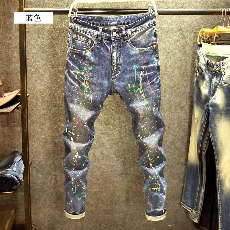 Spring Autumn Designer Clothes Men's Korean Stylish Slim Fit Jeans Fashion Trendy Painted Denim Pants Ink Stretch Skinny Pants