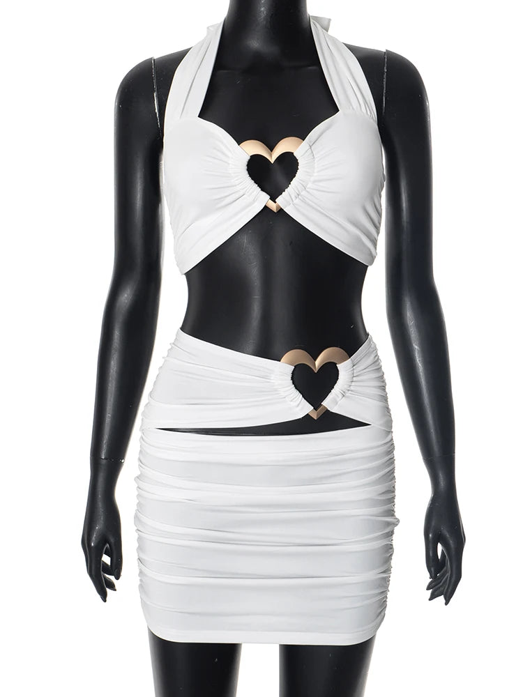 Weird Puss Love Rings Patchwork 2 Piece Set Cross Women Halter Crop Tops+Ruched Hollow Skirts Matching Hottie Street Trend Suits