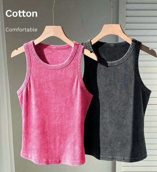 2PCS 100% Cotton Solid Color Washed Vest Womens Summer Casual Tank Top Y2K Sleeveless Clothes Soft Comfortable Sportswear