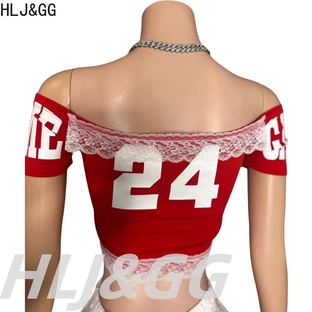 HLJ&GG Red Y2K Letter Lace Splicing Bandage Two Piece Sets Women Off Shoulder Hollow Crop Top And Skinny Ruffle Shorts Outfits