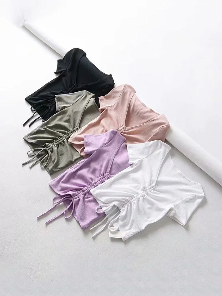 Sexy V Neck Cropped Tank Tops Women Drawstring Tie Up Front Camis Candy Colors Streetwear Slim Fit Ribbed Crop Top