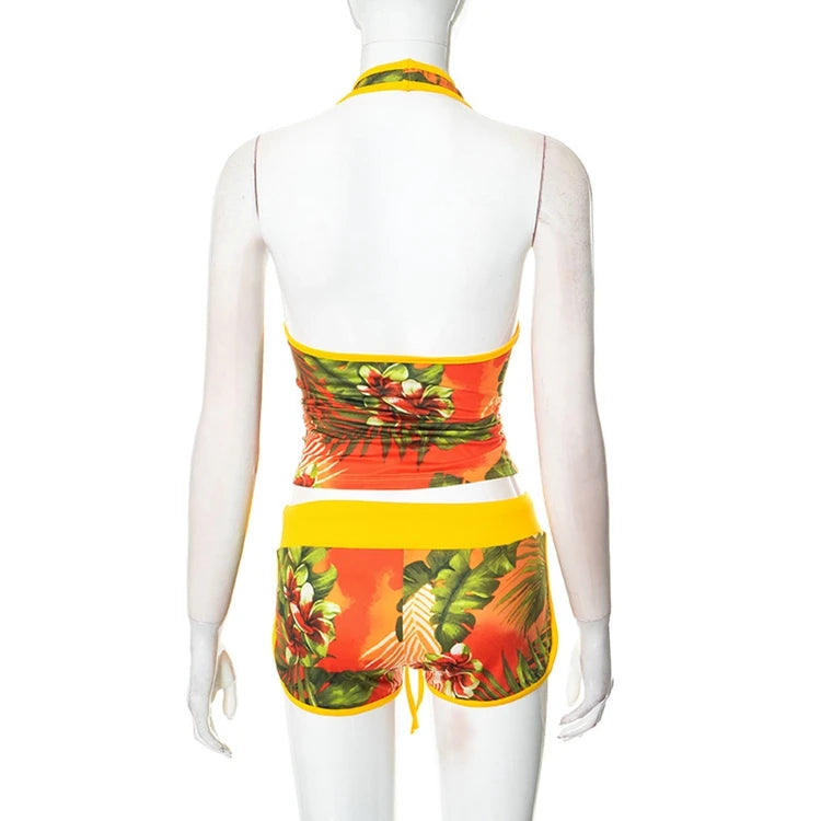STYLISH LADY Comtrast Color Printed 2 Piece Set Women Halter Backless Crop Top and Drawstring Shorts Suits 2025 Street Outfits