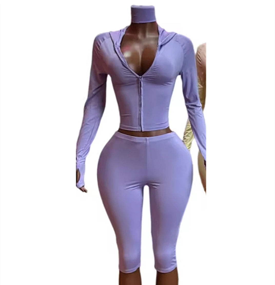 FAGADOER Casual Sporty 3 Piece Sets Fashion Solid Hooded Zip Up Long Sleeve Crop Top Capri Pants Headbands Matching Tracksuits