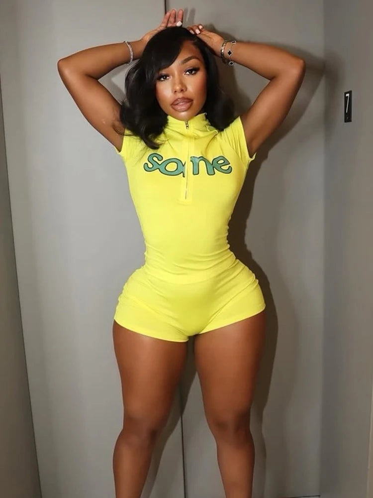 Weird Puss Letter Print Women2 Piece Set Casual Sporty Zip Crop Tops+Shorts Matching Streetwear Stretch Skinny Streetwear Suits