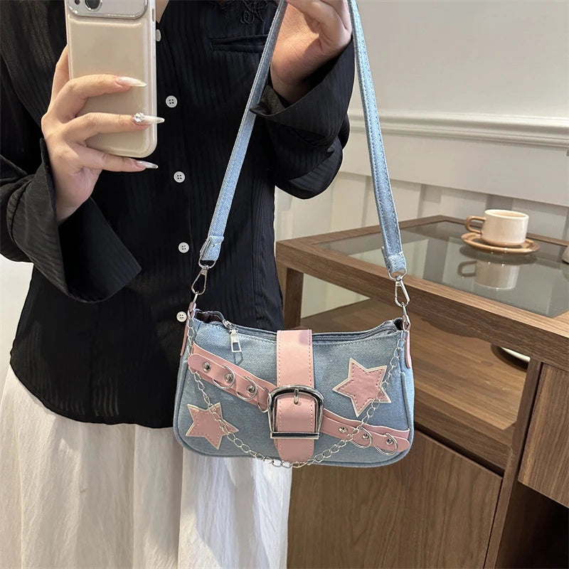 Fashion Women's Handbags Denim Stars Pattern Cool Girls Underarm Bag Female Small Shoulder Hobo Bags Chain Tote Bag