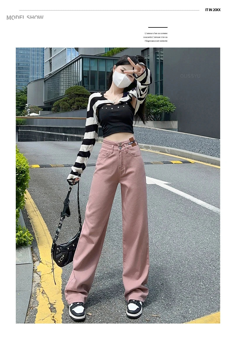 OUSSYU Woman Jeans High Waist Straight Wide Leg Cotton Denim Clothing Blue Streetwear Vintage Fashion Harajuku Women Trousers