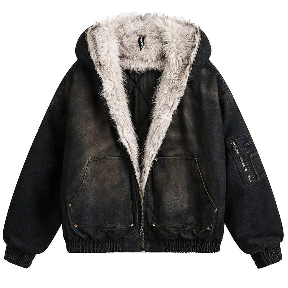 Vintage Denim Parkas Fur Warm Padded Jackets Men Streetwear Harajuku Oversized Bubble Coat Outwear
