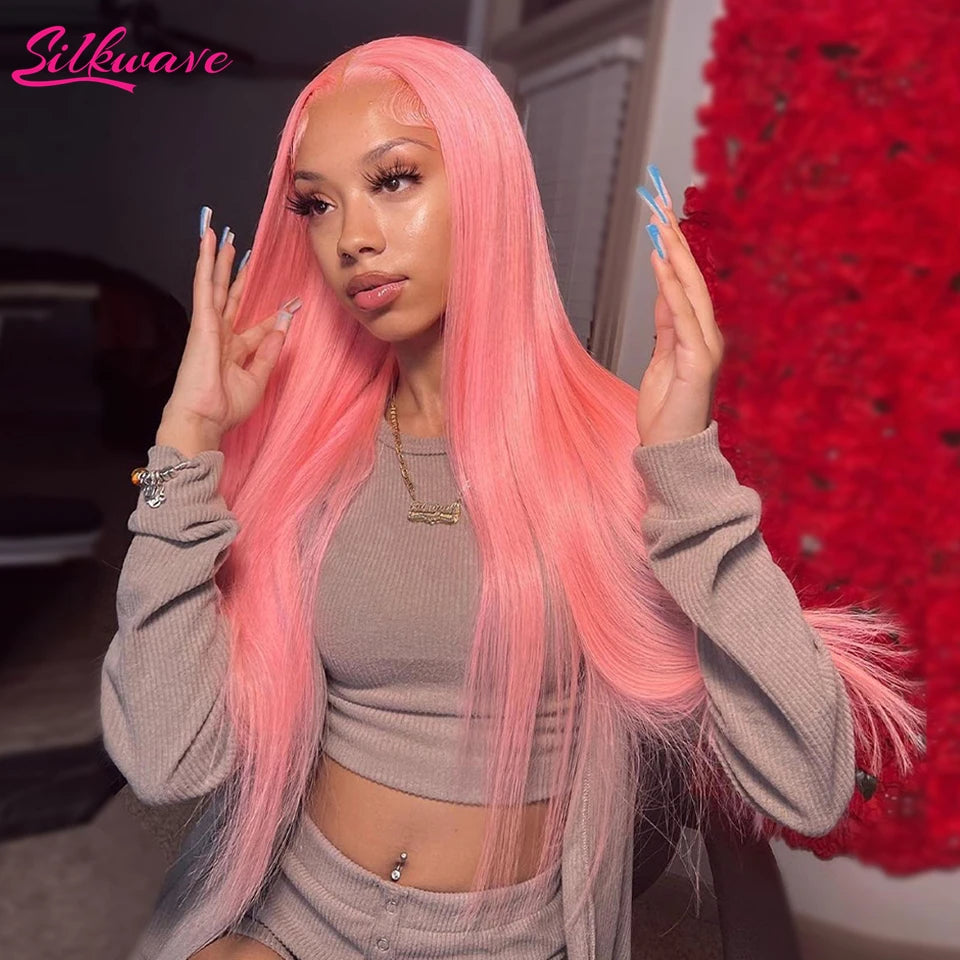 Silkwave 13x6 Hd Pink Lace Frontal Wig Human Hair Preplucked Brazilan Bone Straight 13x4 Lace Front Pink Colored Wig For Women