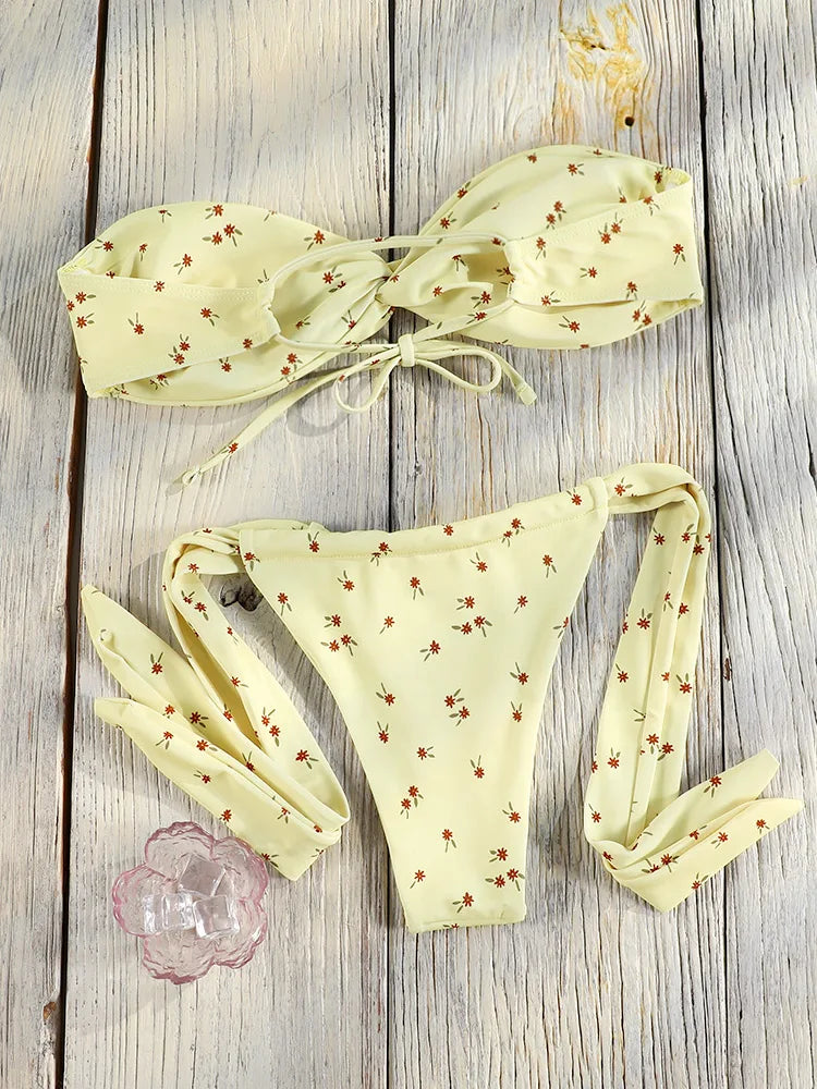 Bandage Swimsuit String bordered Bikini Women's Swimwear Sexy Bathing Suit Solid Color Biquini Thongs Swimming Wear Beach Summer
