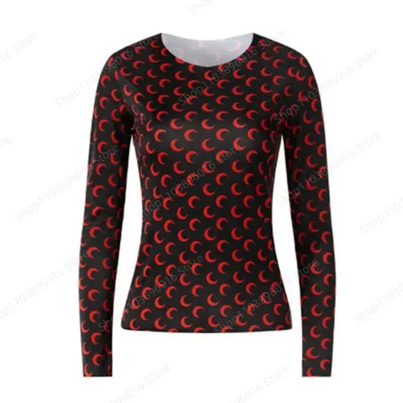 Moon Printed Tshirt Graphic Top for Women Stretchy Slim Korean Fall Spring Long Sleeve Tees Y2k Grunge T-Shirt 2000s Clothes