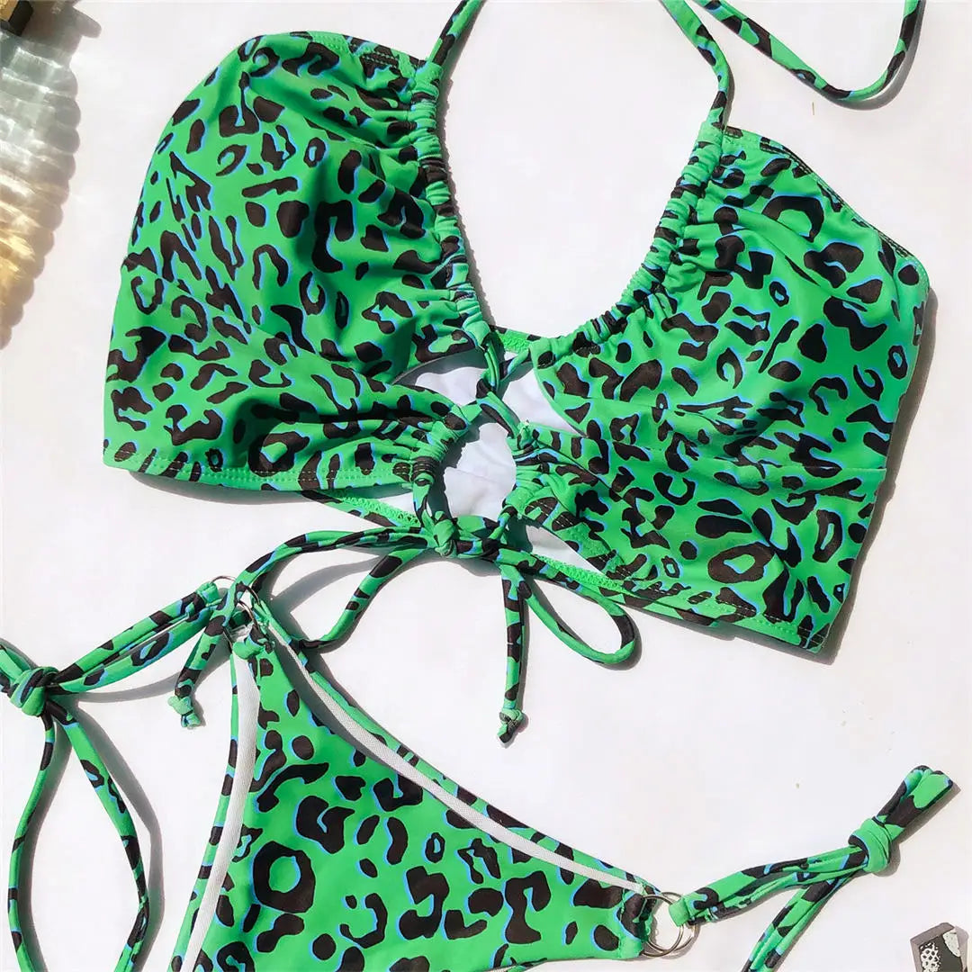 Sexy High Cut Leopard Bikini Women Swimwear Female Swimsuit Two-pieces Bikini set Lace Up Bather Bathing Suit Swim V1708