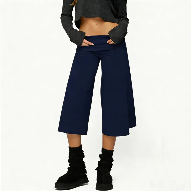 Y2K Women's Low Waist Wide Leg Capri Pants Fold Over Waist Flare Cropped Pants Casual Solid Color Summer Streetwear Trousers