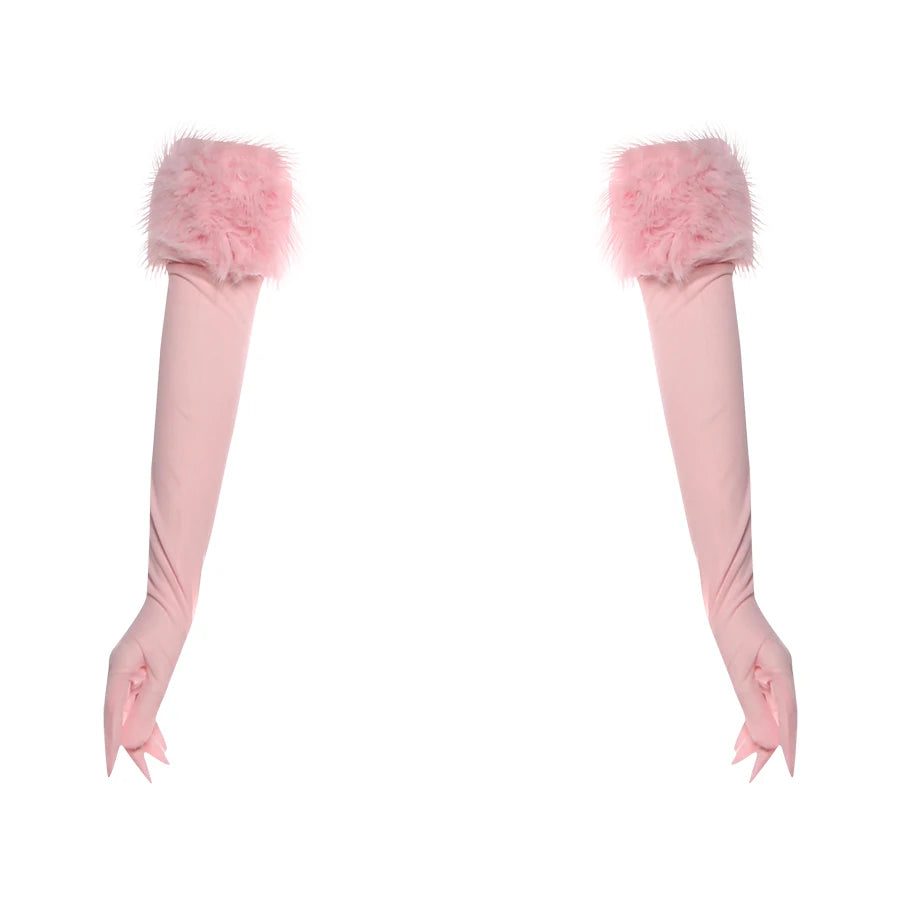 Weird Puss Christmas Furry Strapless Tops Women Patchwork Sexy Long Gloves Matching Birthday Luxury Classic Midnight Clubwear