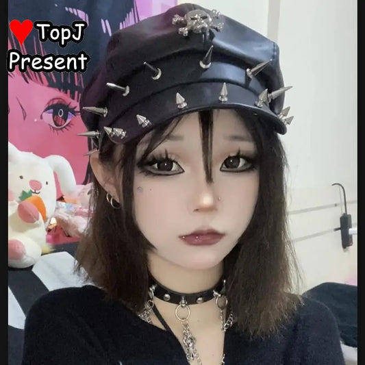 Women Lolita Y2k Steam Punk Gothic Harajuku Subculture Girl Riveted Motorcycle Hat Trendy Men's Personality Beret Stage Rock Hat