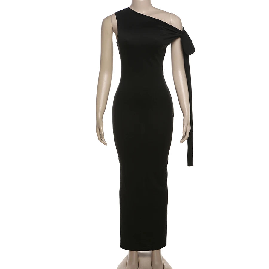 Weird Puss One-Shoulder Dress Woman Summer Sexy Solid Elegant Knot Bandage Sleeveless Bodyshape Simple Party Skinny Vestidos