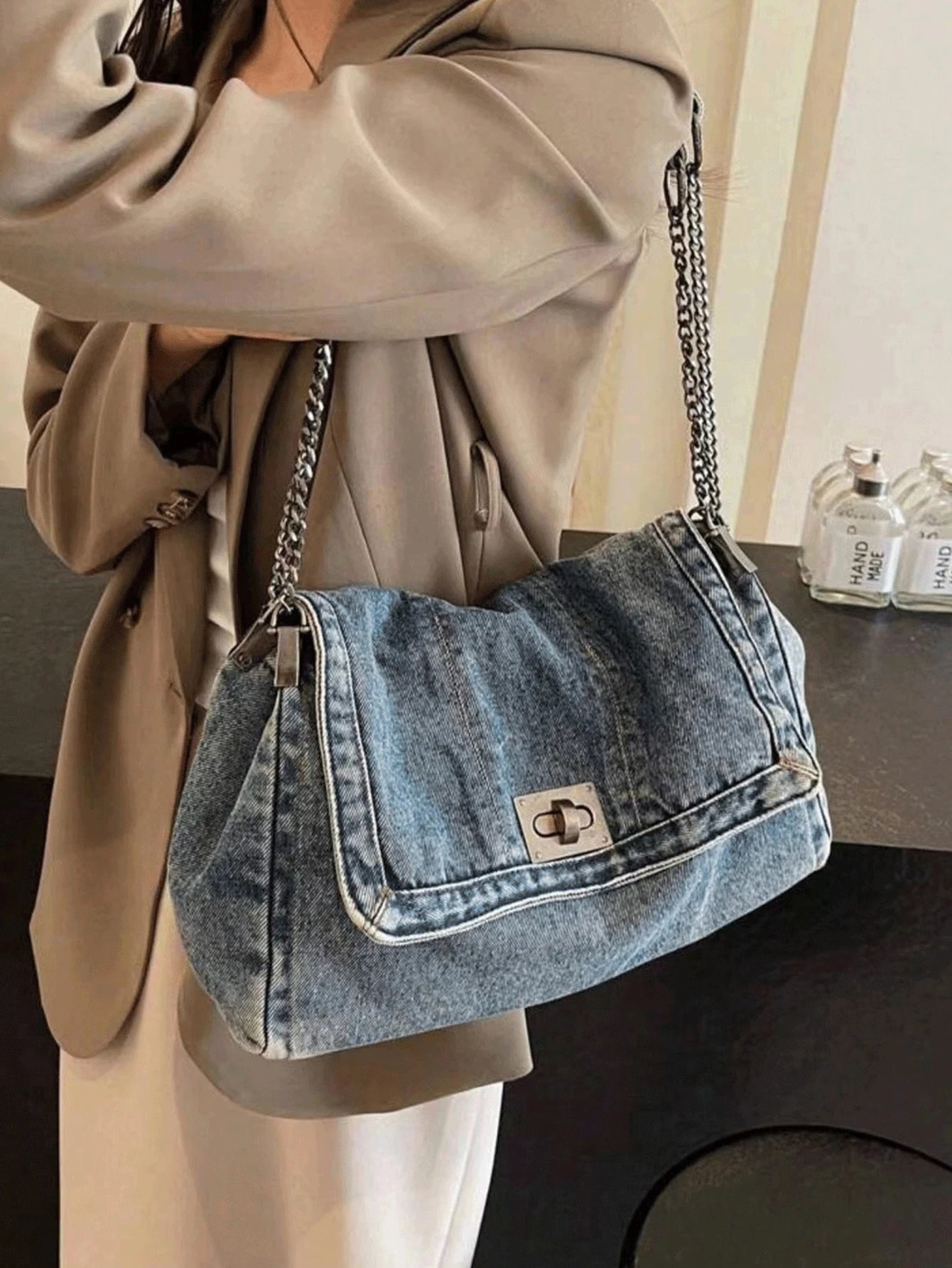 Jeans Tote Bag with Metal Buckle and Chain Strap Deep Blue Light Blue Black Vintage Stitching Design for Women Non-Adjustable Sl