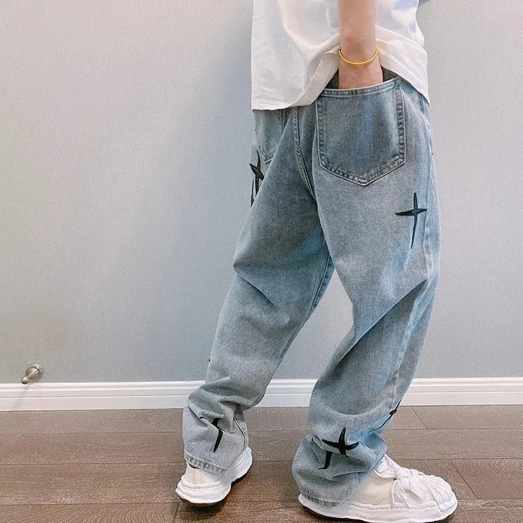 Boyfriend Vintage Fashion Straight Casual Loose Denim Cargo Pants Men Designer Prints Star denim pants Streetwear Loose Wide Leg Jeans