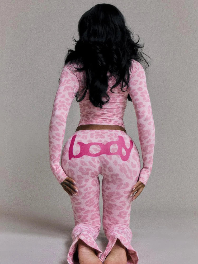 Weird Puss Letter Leopard Print 2 Piece Set Women Casual Zip Hooded Crop Jacke+Leggings Matching Stretch Sporty Street Outfits