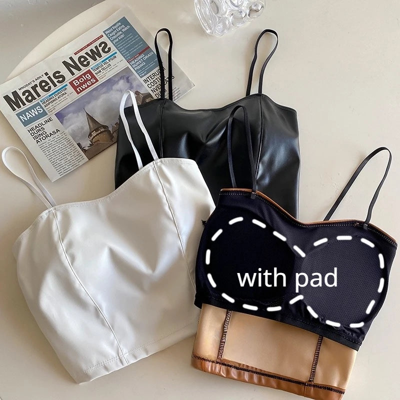 Sexy Bare Midriff PU Leather Halter Crop Tops Women with Bra Pad Spaghetti Strap Tank Top Camis Female Sleeveless Cropped Vest