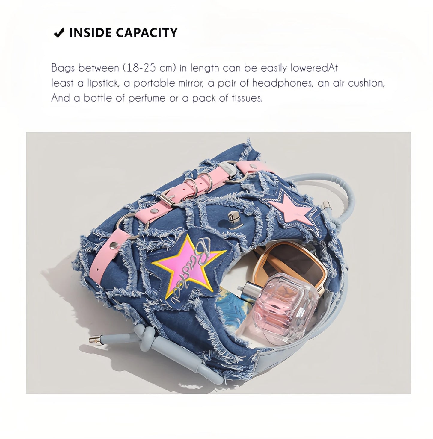 y2k Hot Girl style pink five-pointed star applied-designed fringed jeans crossbody bag A-DH