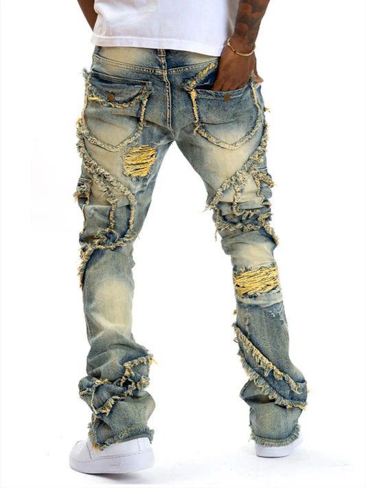 2025 New European and American men's casual jeans, street punk fashion, retro, ripped hole, slightly flared tassel elastic jeans