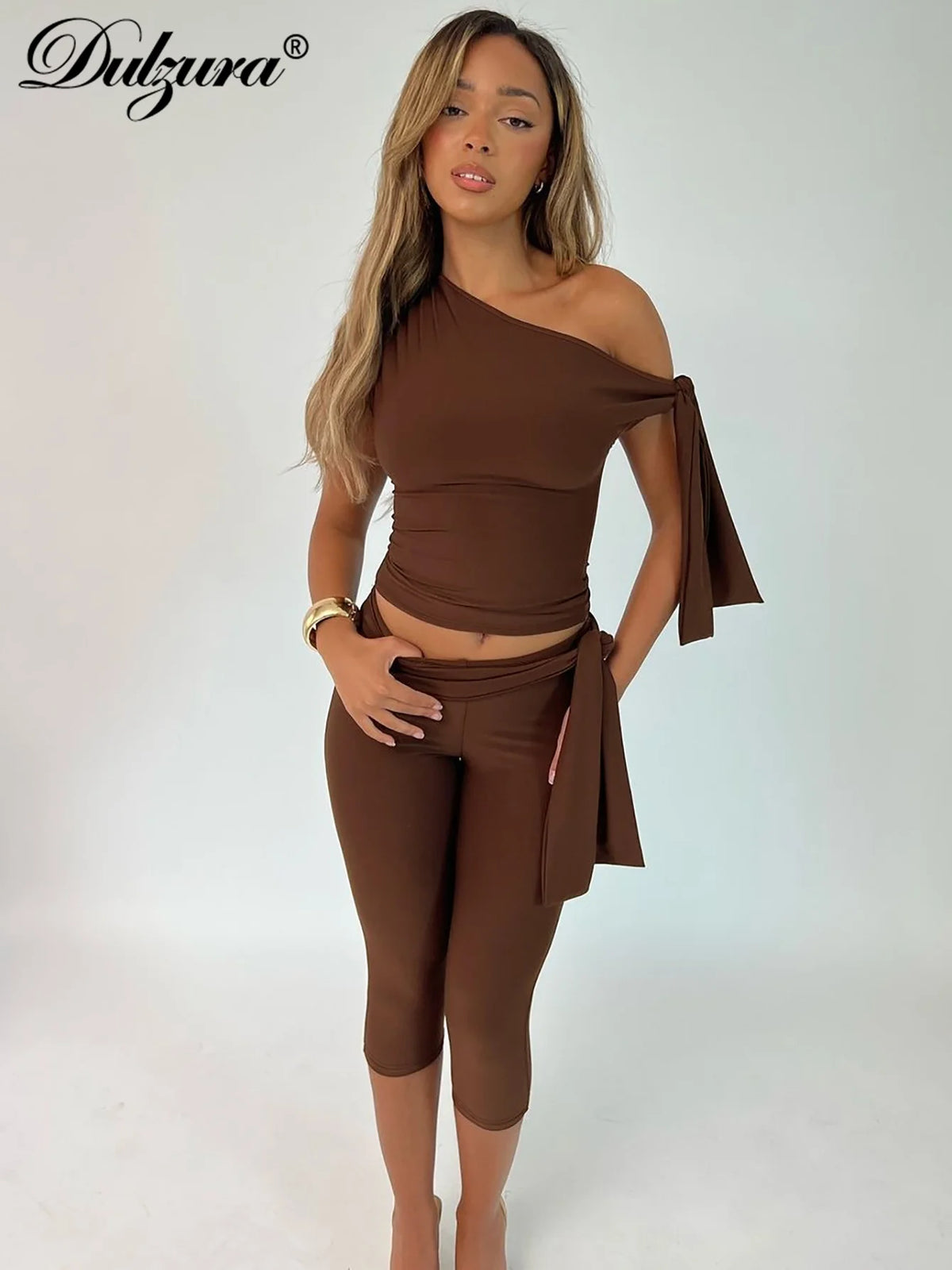 Dulzura Sexy Elegant Lace Up 2 Piece Shorts Set Diagonal Collar Sleeveless Bodycon Crop Top And Shorts Matching Set Party Club