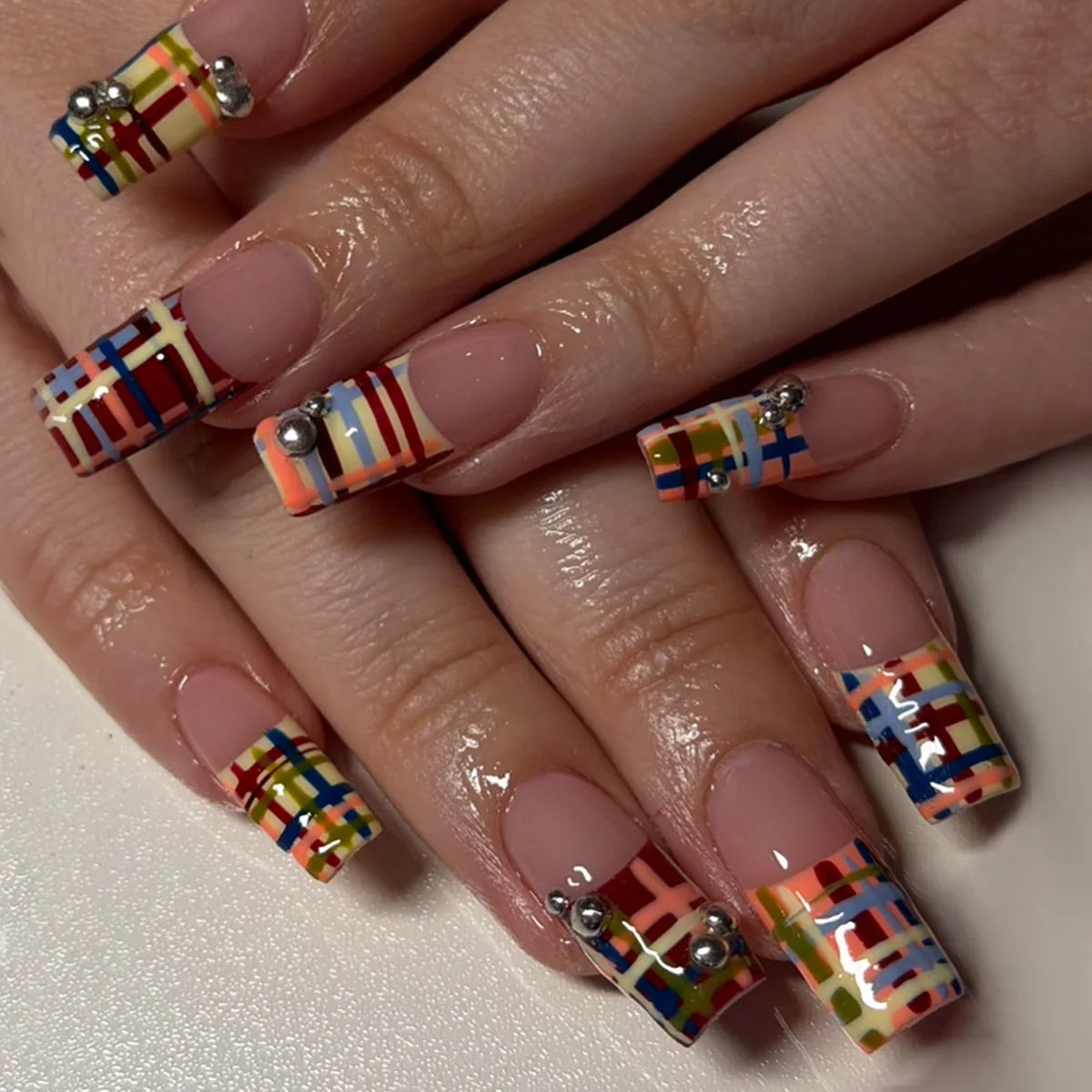 24pcs Y2K Sweet Stars Press On Nails Blue Brown Stripes French Style False Nails Wave Point Designs Autumn Vintage Fake Nail