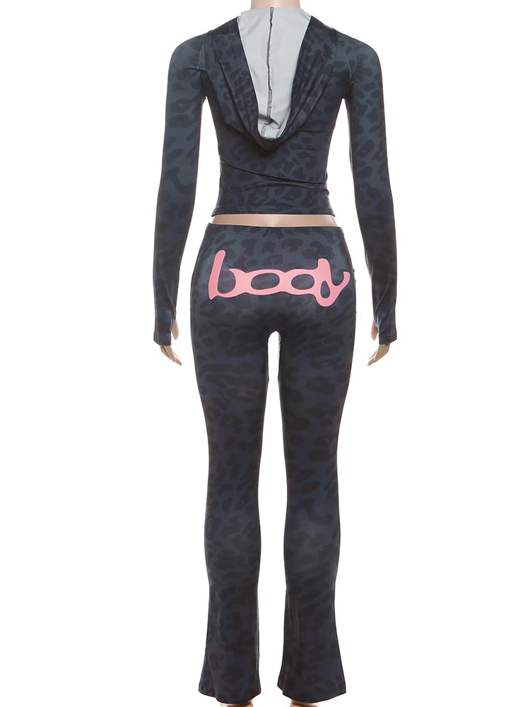 Weird Puss Letter Leopard Print 2 Piece Set Women Casual Zip Hooded Crop Jacke+Leggings Matching Stretch Sporty Street Outfits