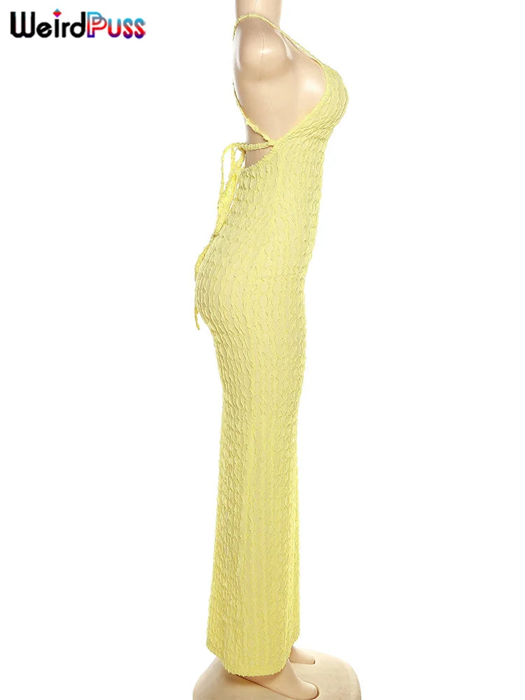 Weird Puss Backless Halter Dress Women Cross Bandage Sleeveless Sexy Elegant Skinny Stretch Wedding Party Maxi Bodycon Vestidos