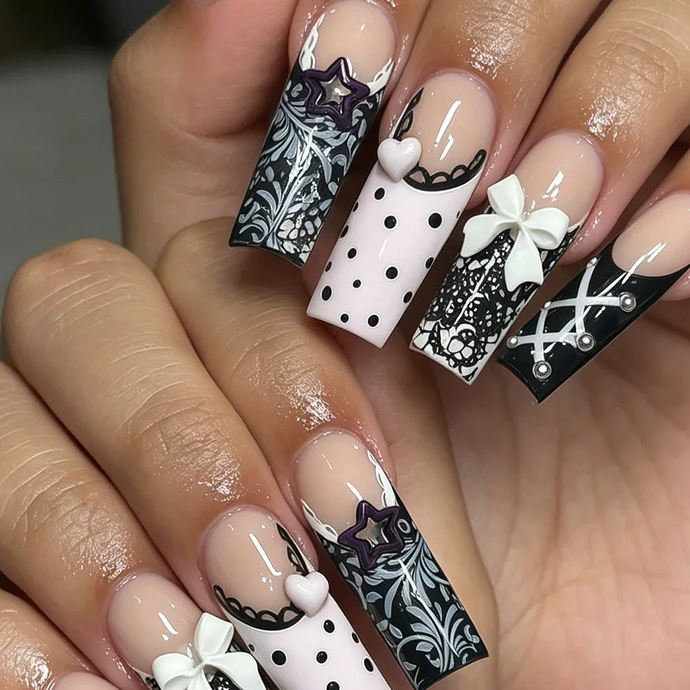24Pcs Long Square Press on Nails Leopard Print French 3D Cherry Design False Nail Rhinestone Wearable Full Cover Fake Nails Tips