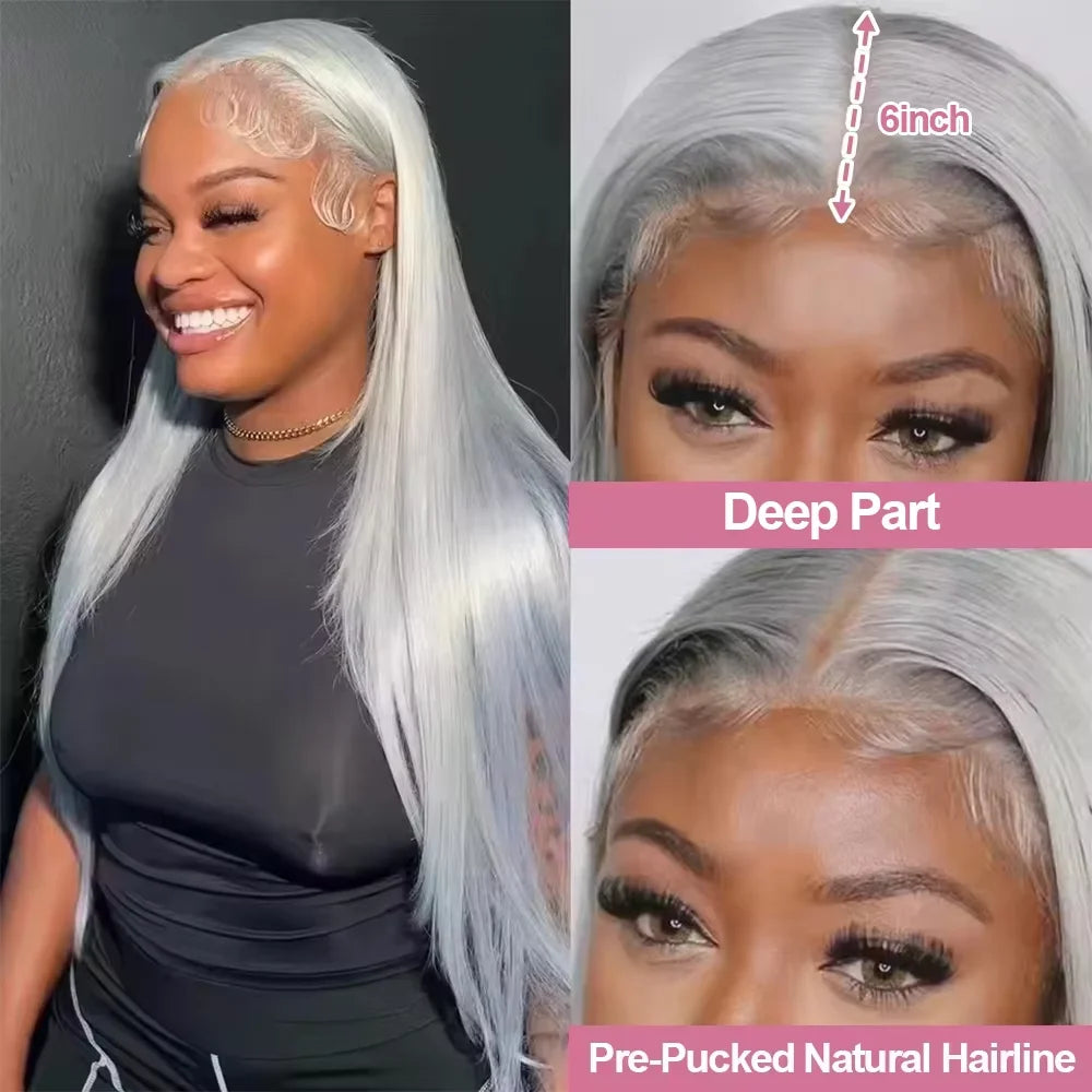 250% Grey Straight Lace Frontal Human Hair Wig 13x6 HD Transparent Lace Front Wigs Silver Gray Color Pre Plucked Human Hair Wig
