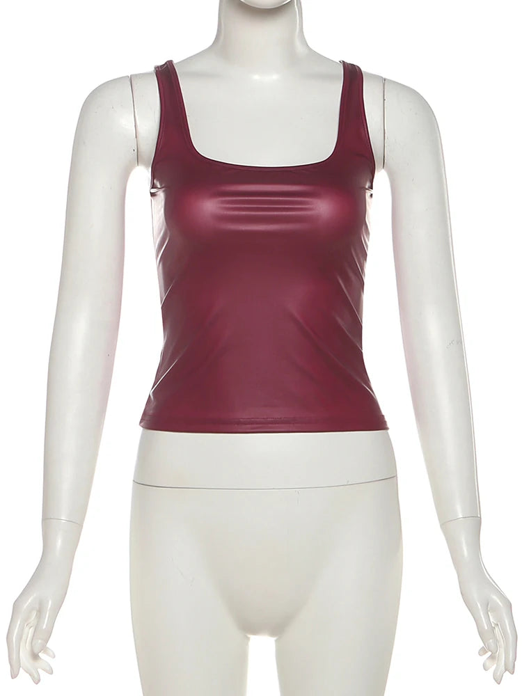 Weird Puss Faux Leather Camisole Tops Women Y2K Coquette Square Collar Skinny Midnight Street Club Trend Hottie Wild Basic Vest