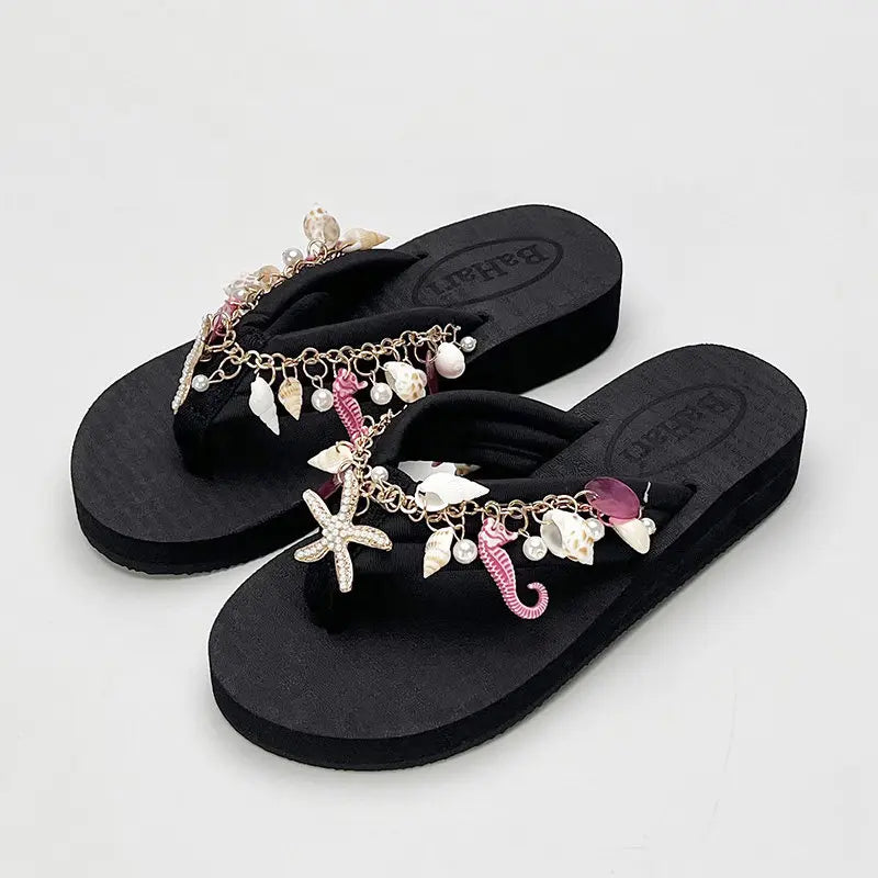 Women's Summer Bohemian Seaside Vacation Slippers Outside Pinch Beach Shoes Fashion Platform Slippers Flip-flops