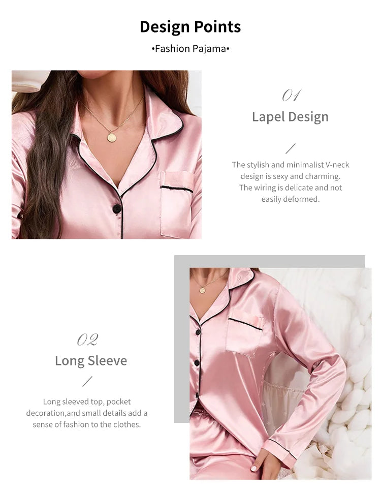 Autumn Satin Women‘s Pajamas Set Notched Collar Top & Wide Leg Long Pants 2 Pieces Sleepwear Female Loungewear Like Leisure Suit