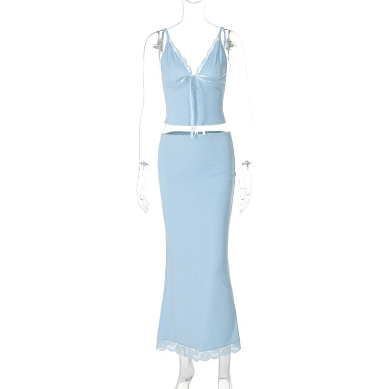 Y2k Matching Suit Women’s 2 Piece Summer Outfits Lace Trim Sleeveless Tie Front Cami Crop Tops and Long Maxi Skirt Set Beachwear