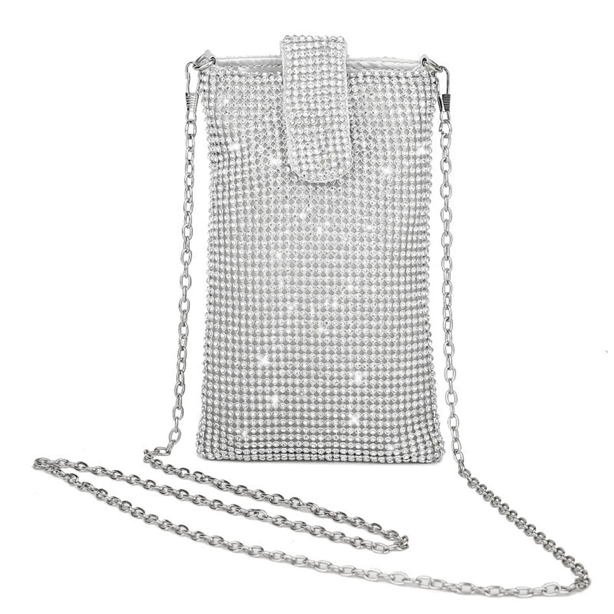 Shiny rhinestone mobile phone wallet, metal chain shoulder lipstick mini bag, dinner party ball messenger bag