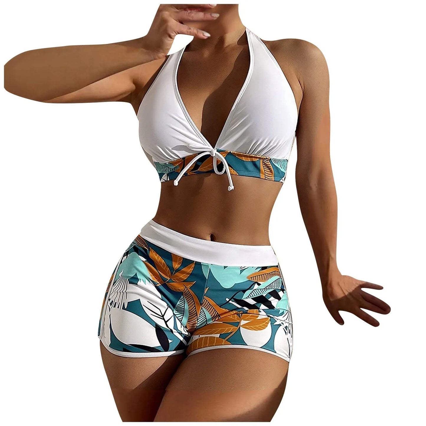Shorts Bikinis Set  High Waist Swimsuit Women Swimwear  Plant Print Bathers Bathing Swim Suit Beachwear